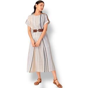 NWT Earthen Cotton Striped Neutral Short Sleeve Midi Dress w/ Belt Women's XS